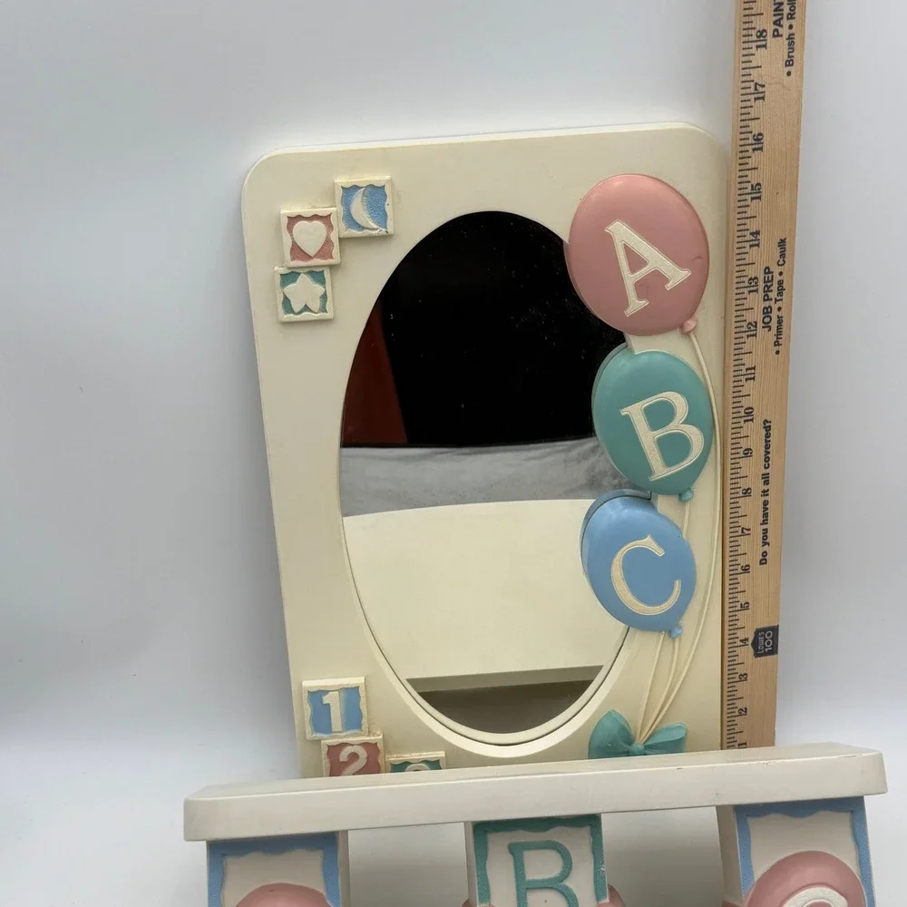 Vintage Nursery Wall Decor Set Teddy Bear Bunny Mirror Shelf Plaques Pastel 6pc